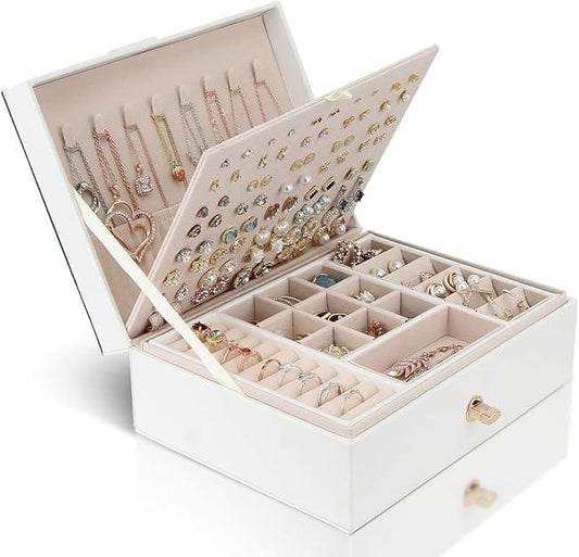 White jewelry box organizer with open lid, ring/earring slots and necklace hooks