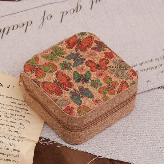 Small vintage jewelry box with butterfly floral lid, cork-texture fabric, zip closure