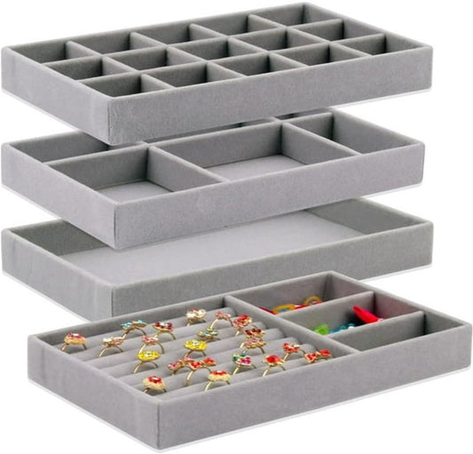 Stackable jewelry drawer organizer with gray dividers, open trays for jewelry storage