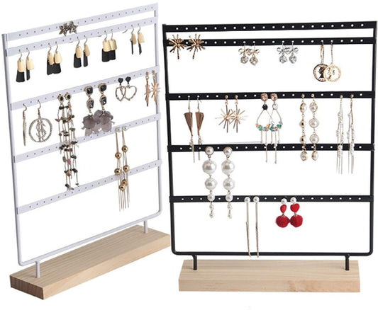 Jewelry stand set: white and black 4-tier racks on wood base, displaying dangling earrings