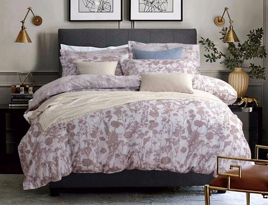 Floral duvet cover set with light plum and taupe leaves, coordinated pillow shams