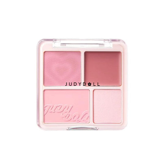 4-pan blush and highlight palette in peach and pink shades, compact case