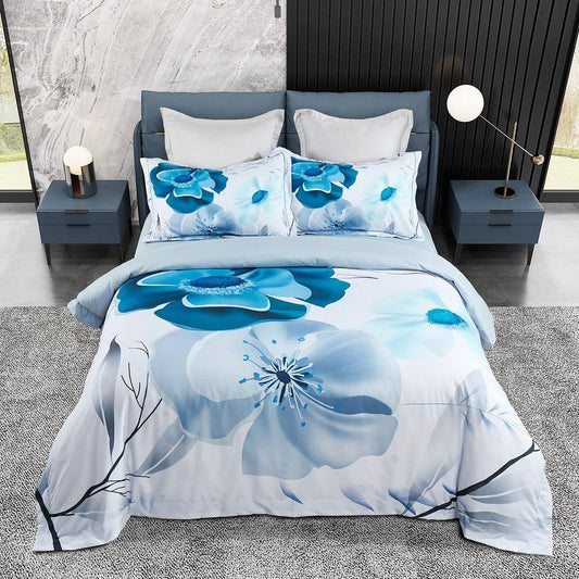 King-size floral quilt cover set with blue-and-white flower pattern and two pillowcases