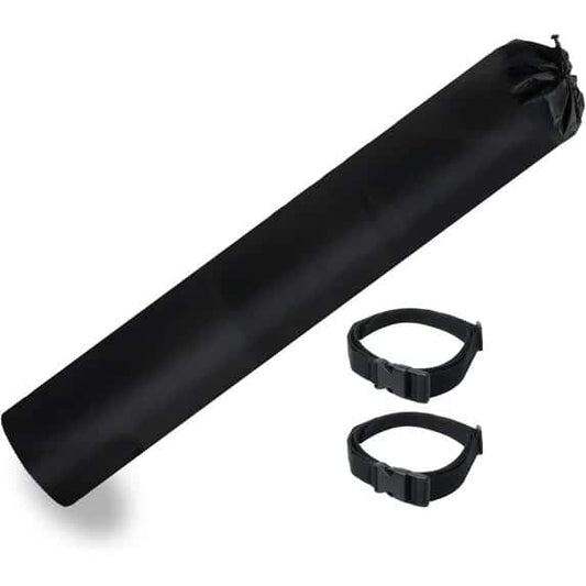 Black jumbo rug storage bag with drawstring top and two buckle tie straps