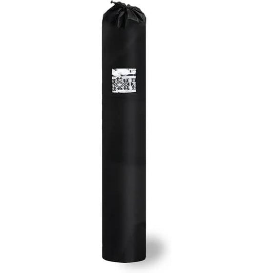 Black cylindrical rug storage bag with top drawstring and PVC window patch