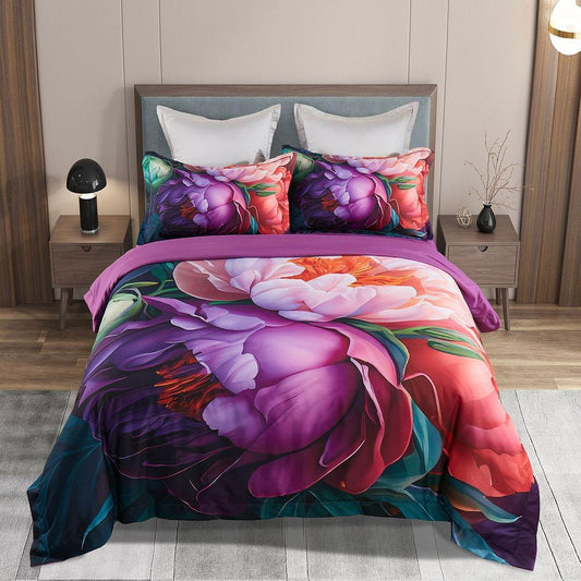 Floral quilt cover set with pillowcases; purple, teal, pink and orange flower pattern.