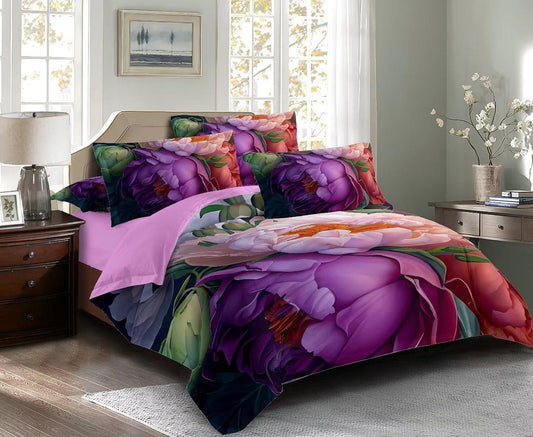 Floral quilt cover set with pillowcases; purple base with large lilac and orange flowers.