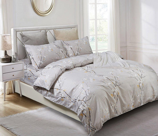 Super king duvet cover set with light tree-branch pattern and pillowcases