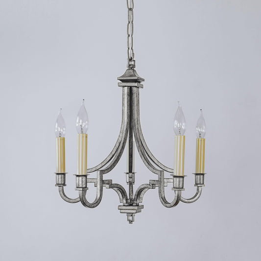 Brushed silver modern 5-light chandelier with curved arms and candle-style bulbs