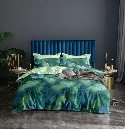 King-size quilt cover set with green and blue leaf pattern and matching pillowcases