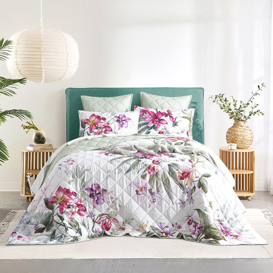 Quilted reversible coverlet set, purple floral on light gray, super king