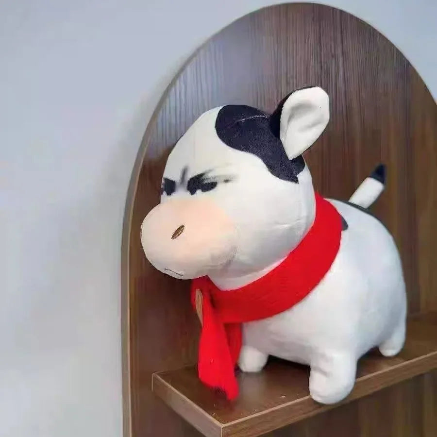 Angry Cow Plush Toy with Red Scarf  Cute Grumpy Stuffed Cow Plush