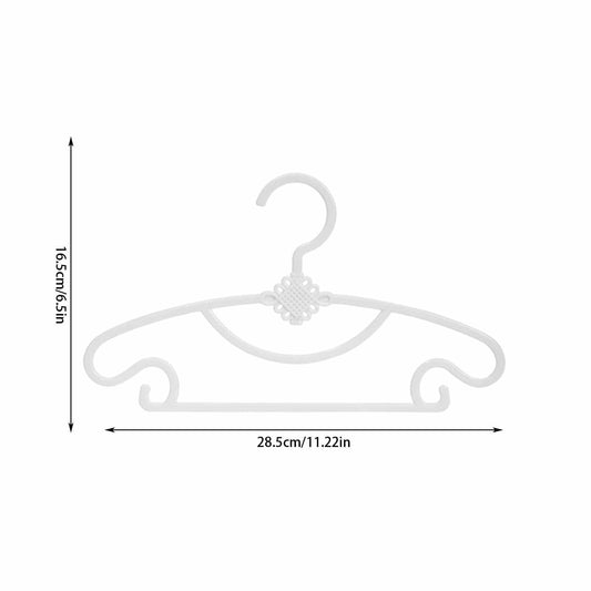 Kids plastic clothes hanger, white non-slip curved hook; dimensions shown