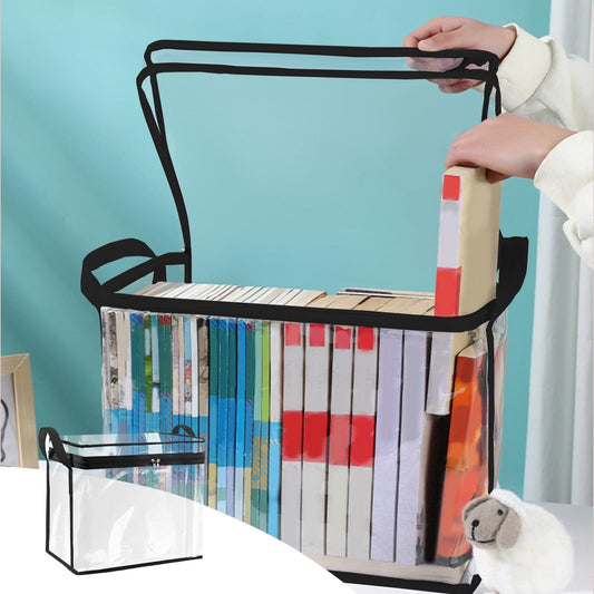 Clear plastic notebook storage box with black handles, open top, see-through sides