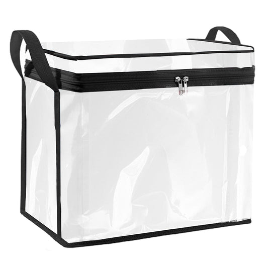 Clear plastic organizer box with black zipper and handles, front view