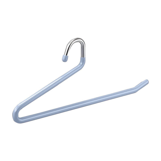 Blue metal pant hanger with curved hook and non-slip bar handle