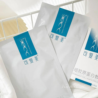 Recombinant collagen dressing sachets, white envelopes with blue rectangular labels