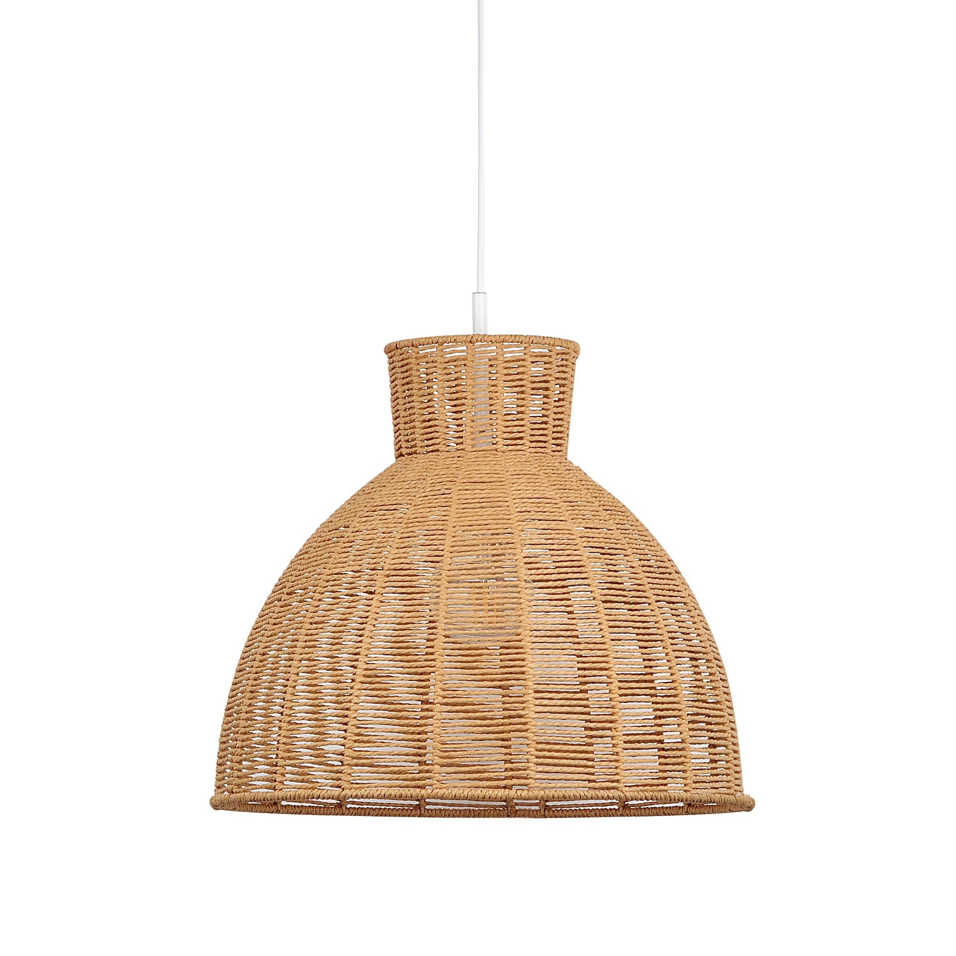 Natural rope pendant light with woven dome shade and white cord suspension