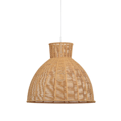 Natural rope pendant light with woven dome shade and white cord suspension