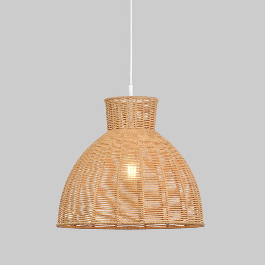Natural rope pendant light with woven dome shade and white hanging cord