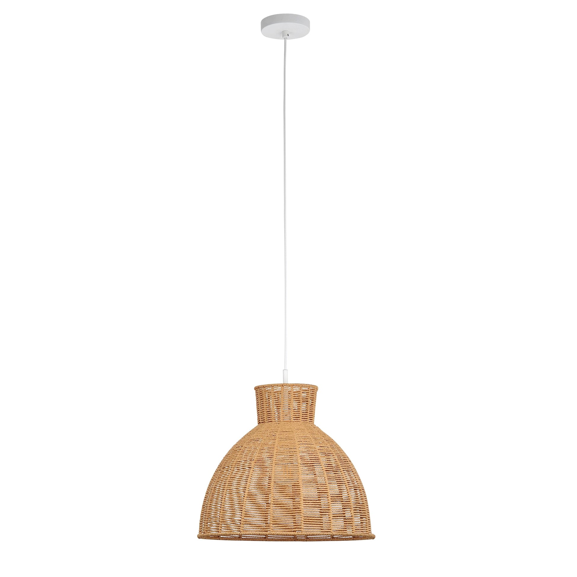 Natural rope pendant light with small woven dome shade and round white ceiling mount