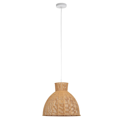 Natural rope pendant light with small woven dome shade and round white ceiling mount