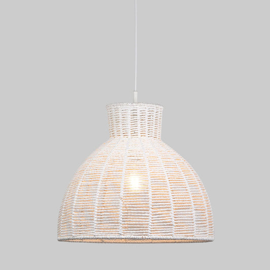 White woven rope pendant light, ribbed dome shade with cord and slim stem