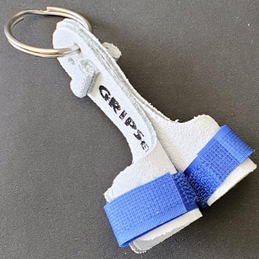 Gymnastics grips key ring with blue fabric strap and metal loop
