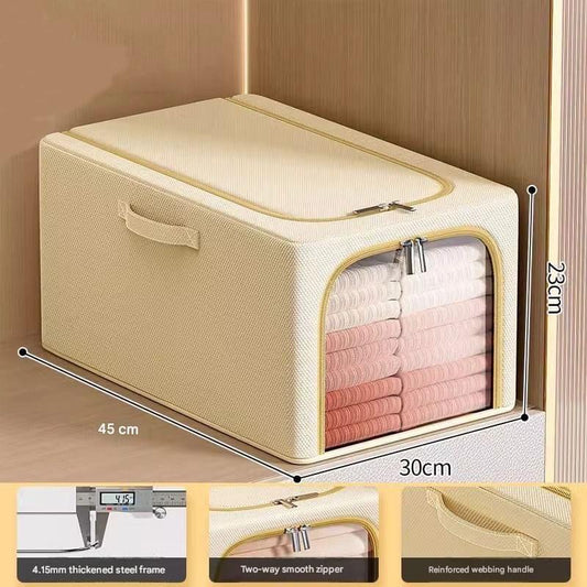 Khaki fabric clothes storage box with clear window, zipper opening, and steel frame base