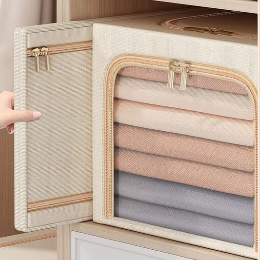 Khaki fabric clothes storage box organizer with clear window and folded fabric compartments