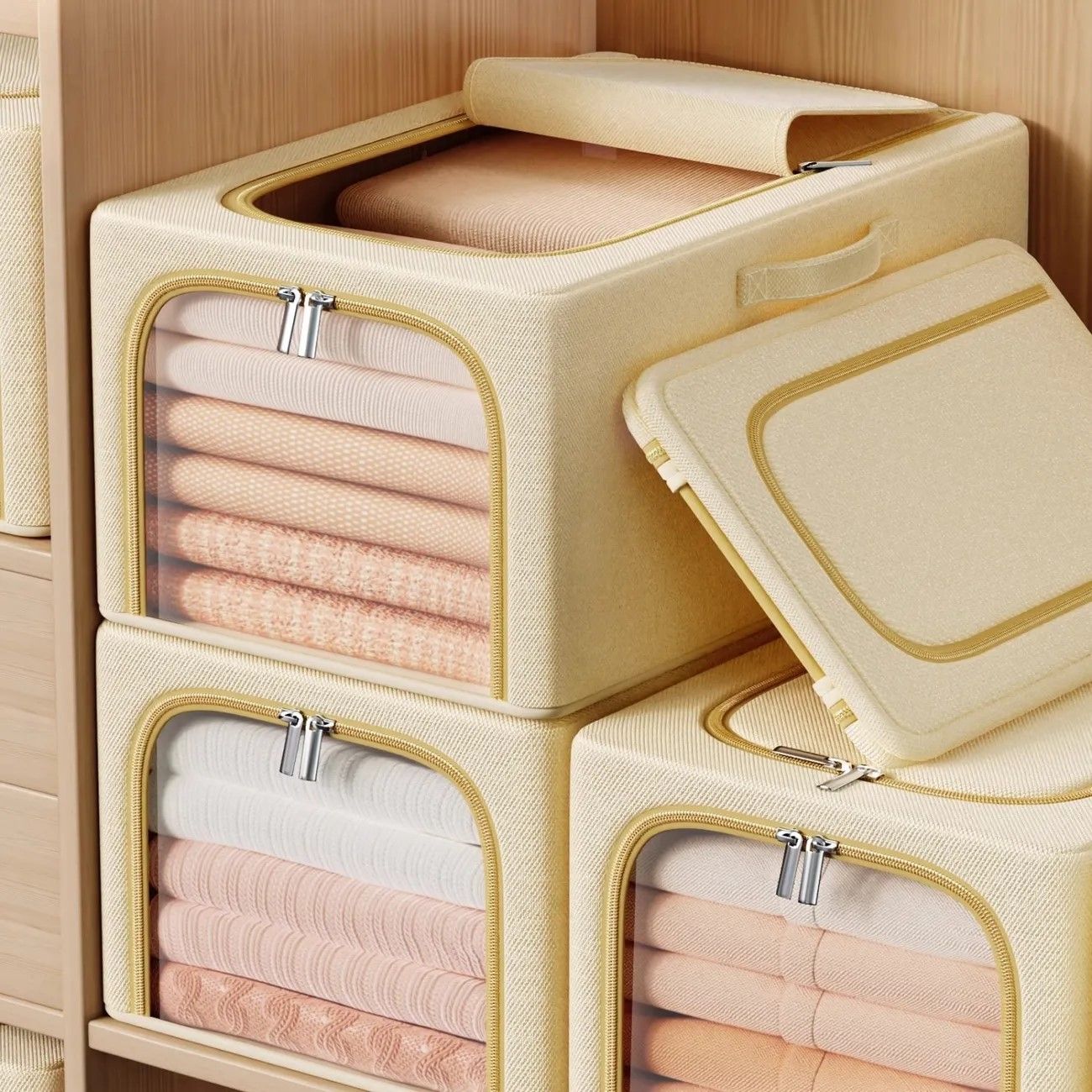 Khaki 31L Slim Foldable Clothes Storage Box Large Capacity Fabric Wardrobe Organiser with Clear Window Dustproof