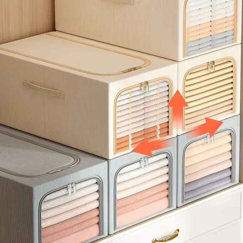 Khaki 31L Slim Foldable Clothes Storage Box Large Capacity Fabric Wardrobe Organiser with Clear Window Dustproof