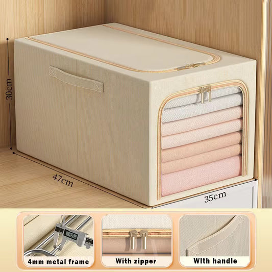 Khaki fabric storage box with clear window panel and front zipper closure