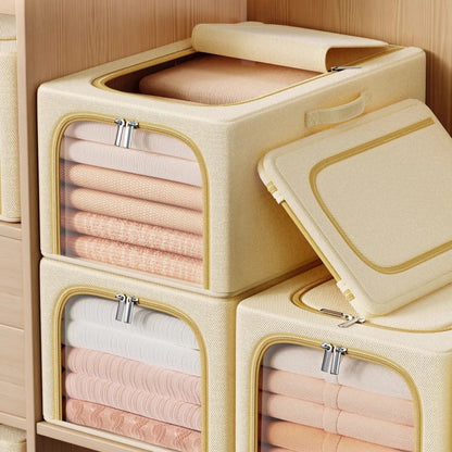 Khaki 49L Slim Foldable Clothes Storage Box Large Capacity Fabric Wardrobe Organiser with Clear Window Dustproof