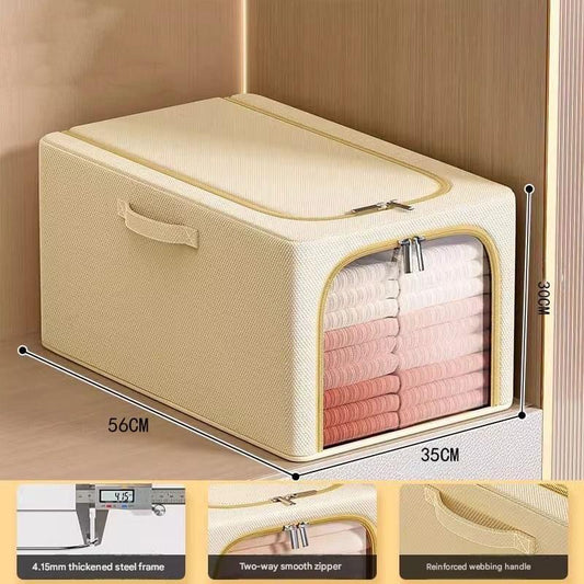 Khaki fabric wardrobe organizer with foldable frame, clear window, and side handle