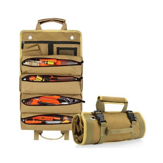 Khaki tool roll organizer with zipper compartments, shown open with tools slots