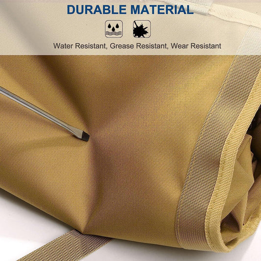 Khaki fabric tool organizer with reinforced webbing trim and metal zipper pull