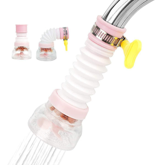 Set of 3 mini faucet water filter adapters in pink and clear with yellow lever