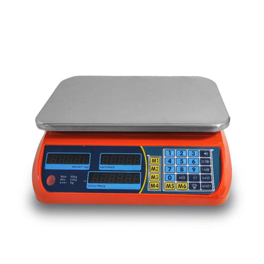 Orange digital kitchen scale with stainless platform and LCD display