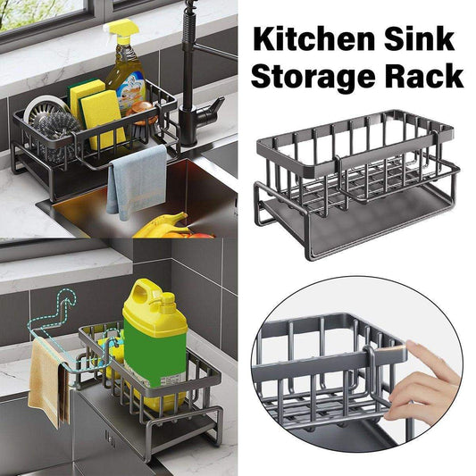 Steel kitchen sink caddy with two-tier holders for sponges and brushes