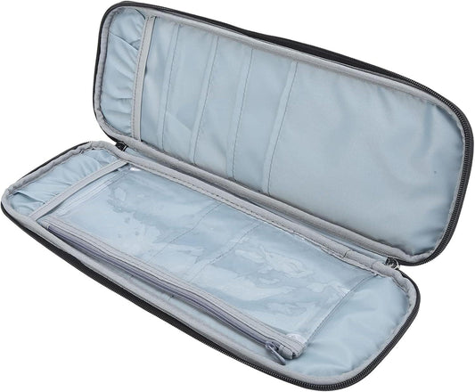Opened needle case with light blue padded interior and elastic divider slots