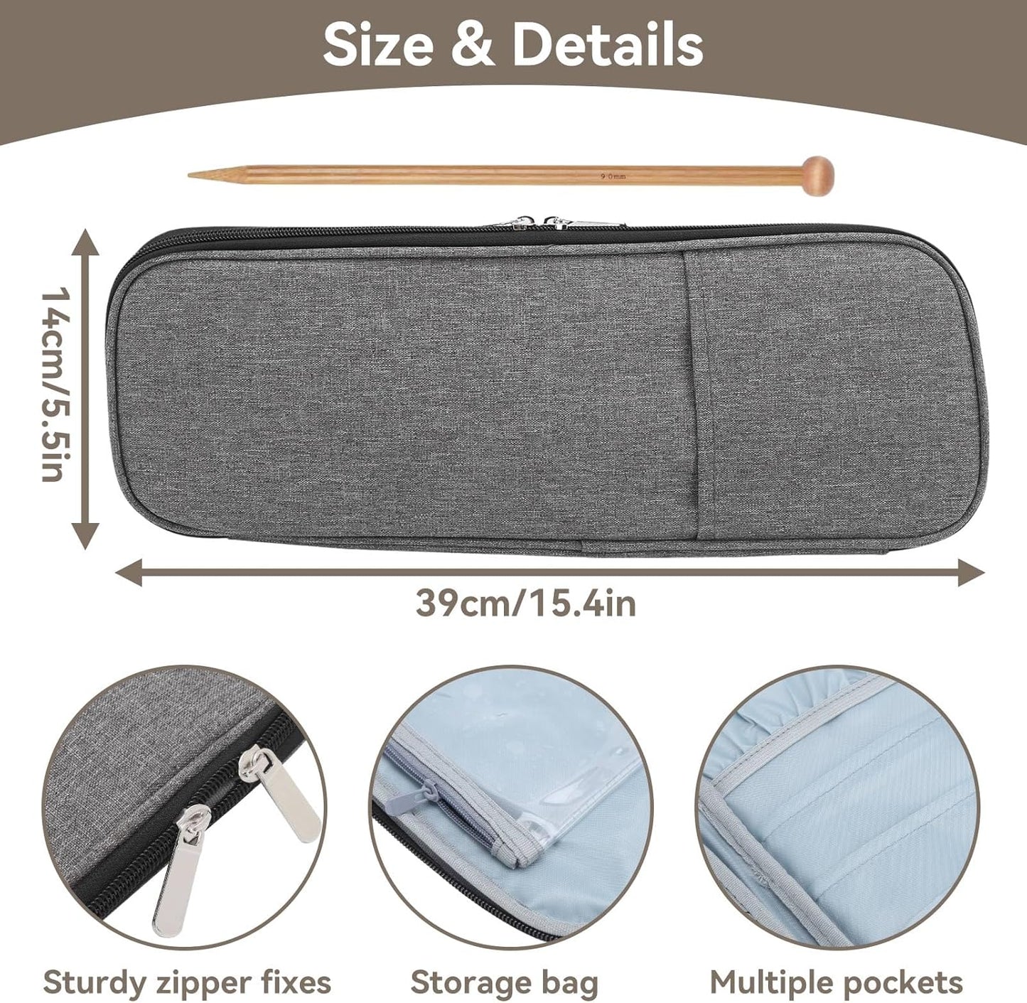 Knitting Needle Case, Travel Zipper Organizer Bag for Straight Needles Dual Crochet Case Supplies Accessories Grey