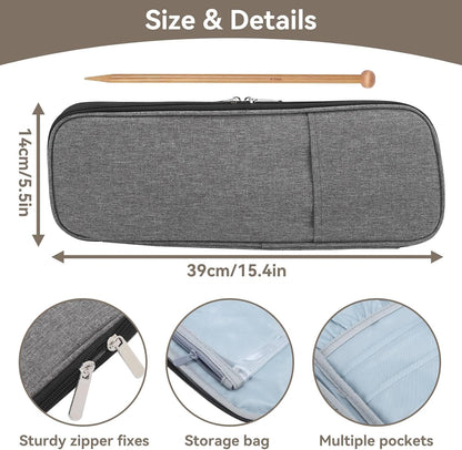 Knitting Needle Case, Travel Zipper Organizer Bag for Straight Needles Dual Crochet Case Supplies Accessories Grey