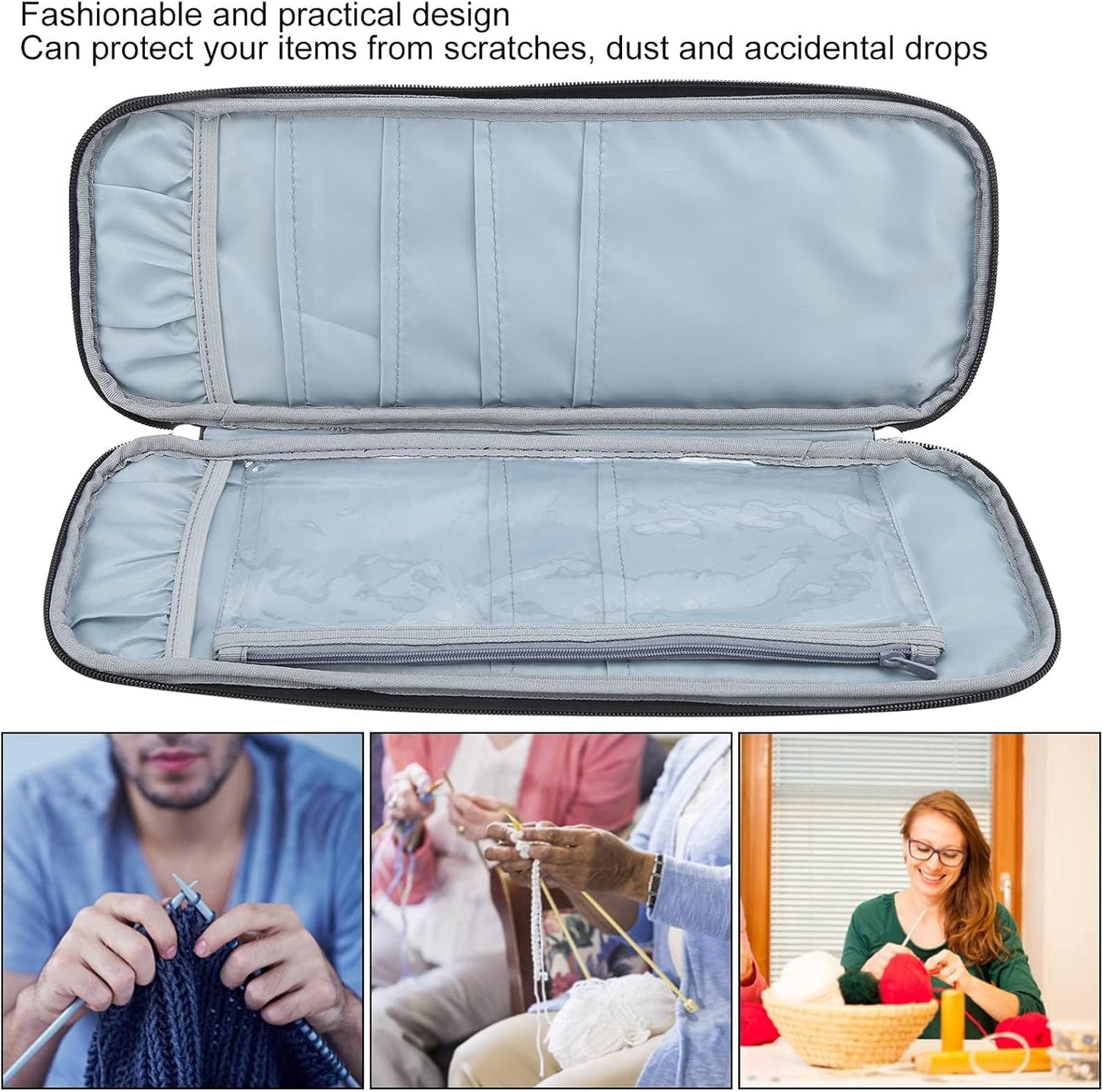 Knitting Needle Case, Travel Zipper Organizer Bag for Straight Needles Dual Crochet Case Supplies Accessories Grey