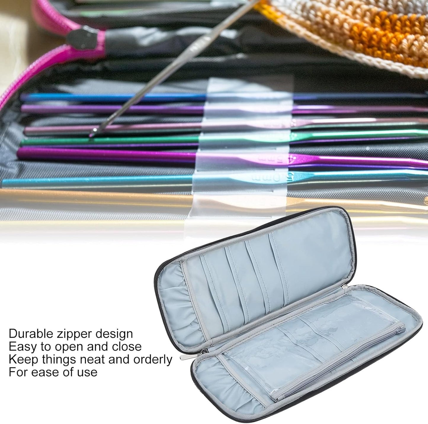 Knitting Needle Case, Travel Zipper Organizer Bag for Straight Needles Dual Crochet Case Supplies Accessories Grey