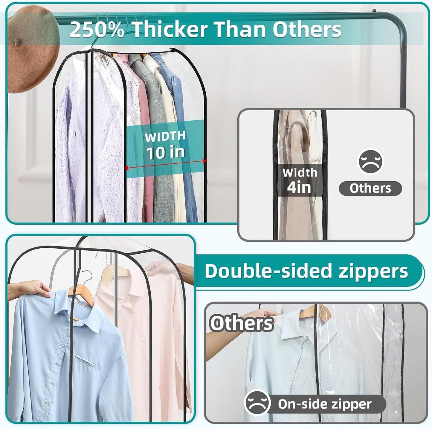 LANDNEOO 6 Pack Clear Garment Bags for Hanging Clothes with Zippers on Double Sides - 10'' Clothes Storage for Coat, Dress, and Fur in Closet - 32&40&60" Long Suit Bags