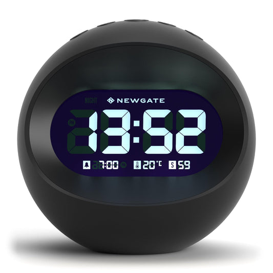 Black LCD alarm clock with glowing display 19:52