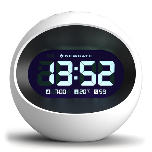 White round LCD alarm clock, blue 19:58 time on screen