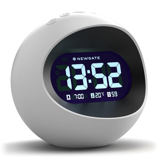 White LCD alarm clock with round body and blue 19:58 display