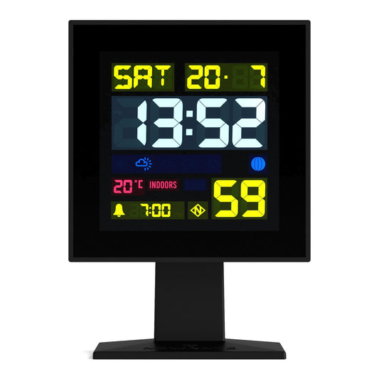 Black LCD alarm clock front view showing time, date, and alarm indicators on screen